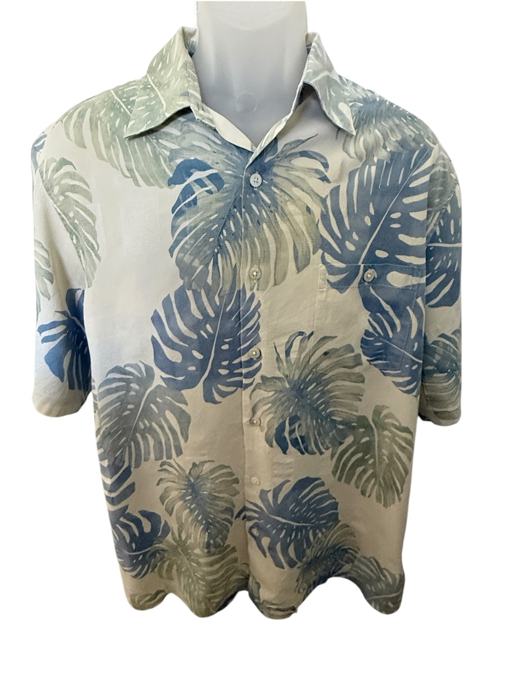 Tori Richard Cream Short-Sleeve Shirt 100% Silk Blue Green Monstera Men L Large